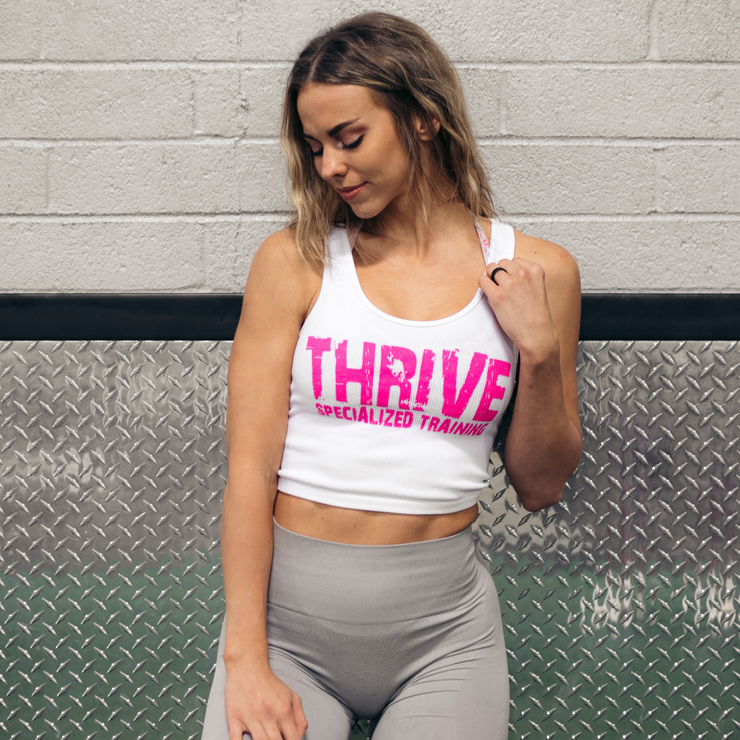 White THRIVE crop with pink logo