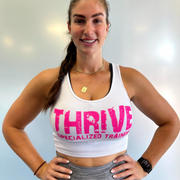 White THRIVE crop with pink logo